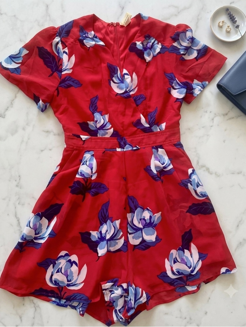 Red Floral Short Sleeve Romper with Blue & White Blooms